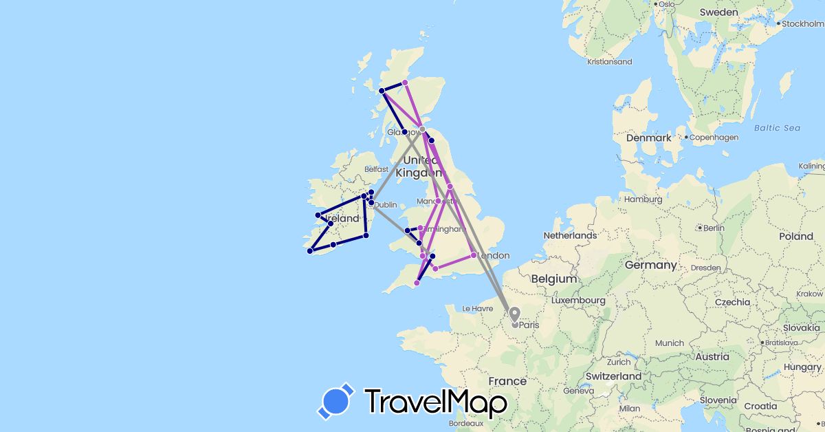 TravelMap itinerary: driving, plane, train in France, United Kingdom, Ireland (Europe)